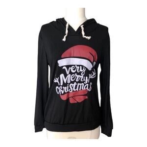 OverMal Holiday “Very Merry Christmas” Hooded Black Long Sleeve Tee, Size XS
